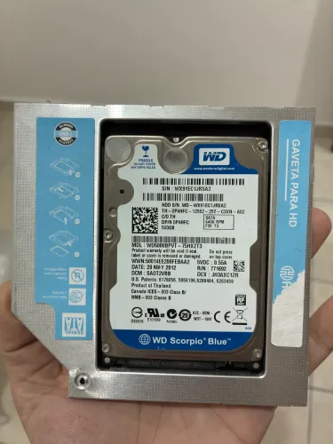 Adaptador Caddy 9.5mm + HD 500GB Western Digital Scorpio Blue (99% Saúde)