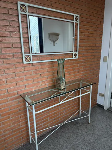 Conjunto Aparador com Tampo de Vidro + Espelho Decorativo Off White