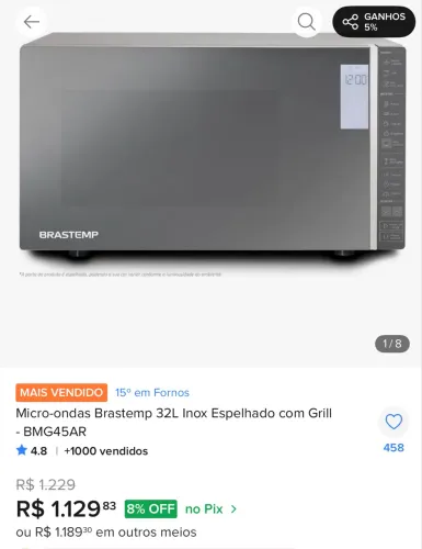 Microondas Brastemp 32 litros inox espelhado
