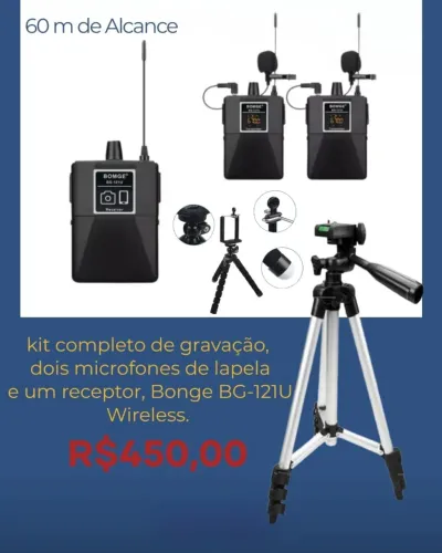 Microfone sem fio de lapela, dois tripés de brinde.
