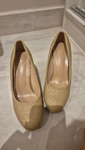Scarpin Dourado Glitter Salto Alto - Tam 38