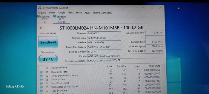 Hd samsung 2.5 pol 1tera de armazenamento funcionando perfeitamente
