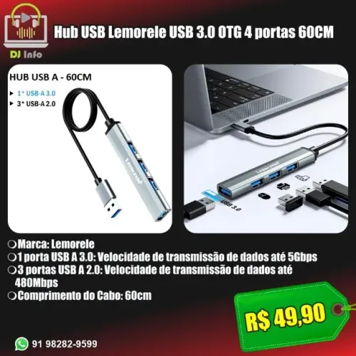 Hub USB Lemorele USB 3.0 OTG 4 portas 60CM