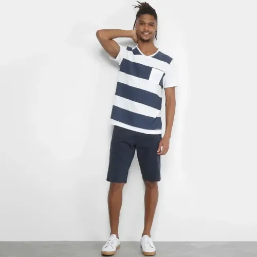 Camiseta Kohmar Gola V Listrada com Bolso Masculina - Branco+Azul