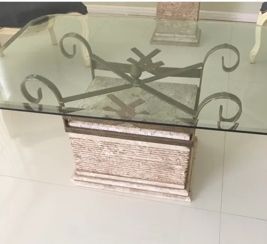 Mesa de centro OU SÓ O PÉ, para sala de estar MÁRMORE BEGE BAHIA vidro bisotado