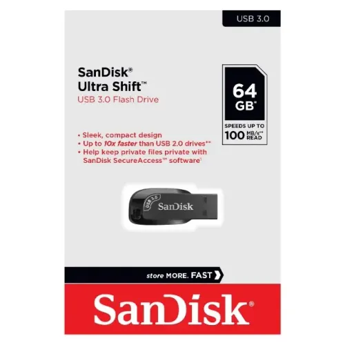 Pendrive 64Gb Ultra Shift 3.0 Preto 10x Mais Rápido Sandisk Original Novo