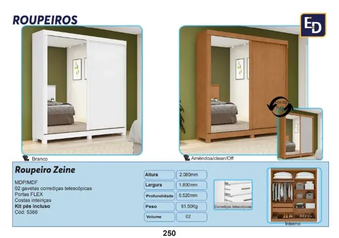 Roupeiro Zeine MDP/MDF 02 gavetas corrediças telescópicas Portas FLEX com espelho