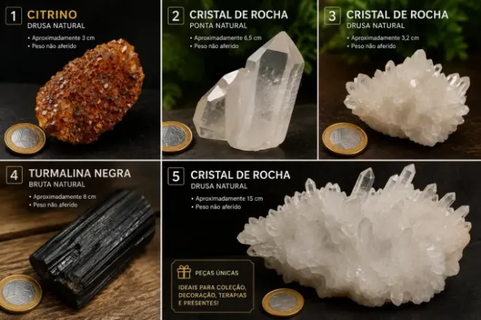 Lote com 5 Pedras e Cristais Naturais - Citrino, Quartzo e Turmalina Negra