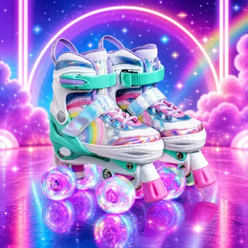 Patins Infantil 4 Rodas Menina Arco ÍRIS Freio Luz LED