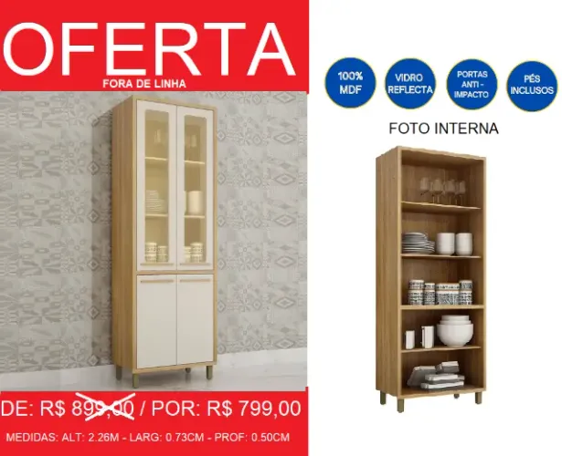 Cristaleira 100% mdf + vidro reflecta alt:2,26m larg:73cm - frete grátis!