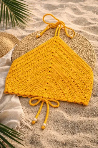 Top Cropeed frente única, roupa de Crochê amarelo, frente única 