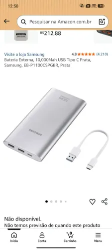 Carregador Portátil Power Bank Samsung 10000 mAh, com 2 USB, Eb-p1100c Prata