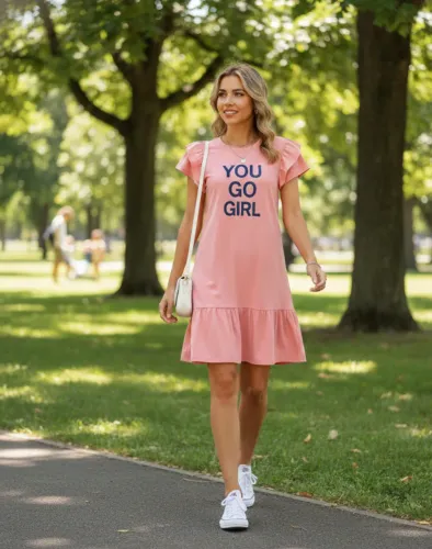 Vestido Feminino Rosa Casual Babados Modelagem Ampla