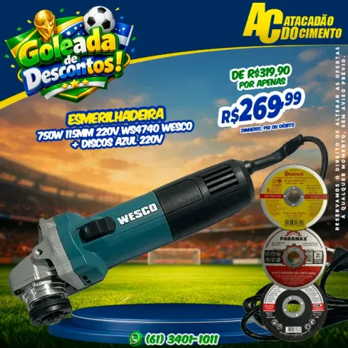 Esmerilhadeira 750w 115mm Ws4740 Wesco + Discos + Par de Luvas