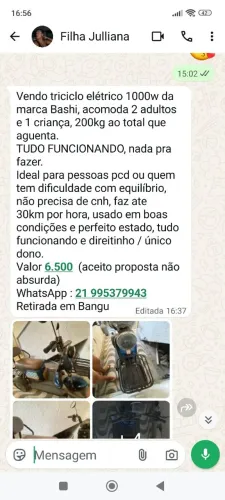 Vendo triciclo elétrico Bach 1000w