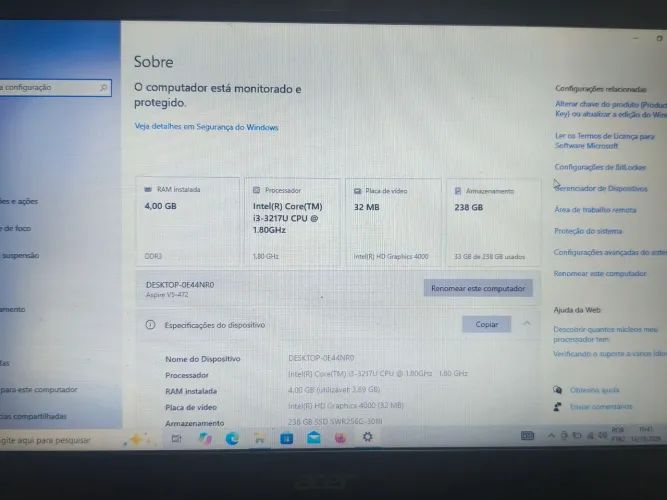 Notebook Acer core i3 com 4 de memória e SSD 240