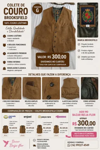 Colete em couro legítimo, marca Broksfield