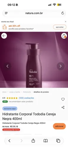 Hidratante corporal 400 ml natura cereja negra e praliné