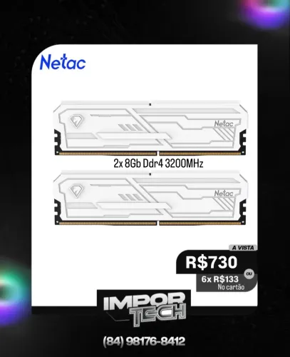 Memória ram Netac 16GB (2x 8GB) ddr4 3200MHz (BRANCA). @importech_084