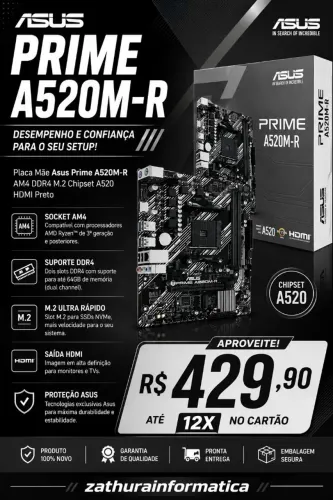 Placa Mãe Asus Prime A520m-r Am4 Ddr4 M.2 Chipset A520 Hdmi Preto @zathurainformatica