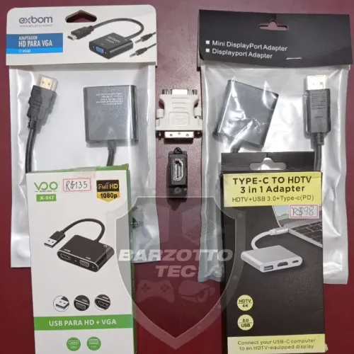 Adaptadores Monitor HDMI, VGA, DisplayPort, DVI, Tipo-C, USB, garantia de loja