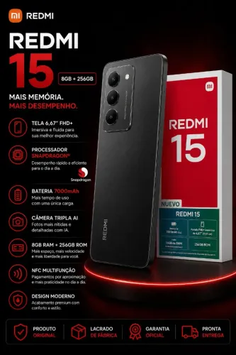 Smartphone Redmi 15 256GB Com Tela 120Hz e Carregamento 33W