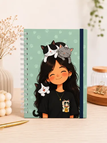 Caderno A5 Capa Dura Gatinhos Kawaii Wire-O com Elástico 100 Folhas, 200 páginas