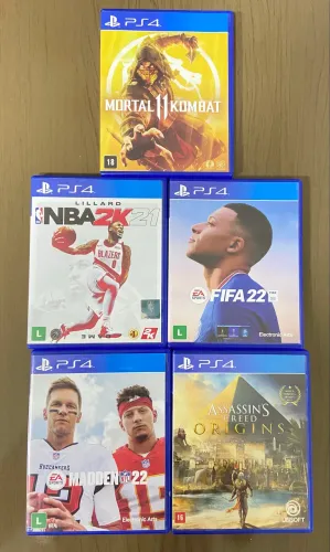 Lote 5 Jogos PS4 Mídia Física - MK11, Assassin's Creed Origins, FIFA, NBA e Madden