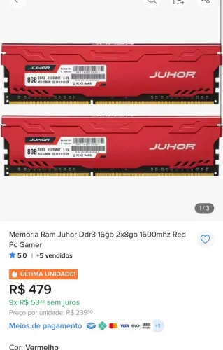 Memória Ram Juhor Ddr3 16gb 2x8gb 1600mhz Red Pc Gamer