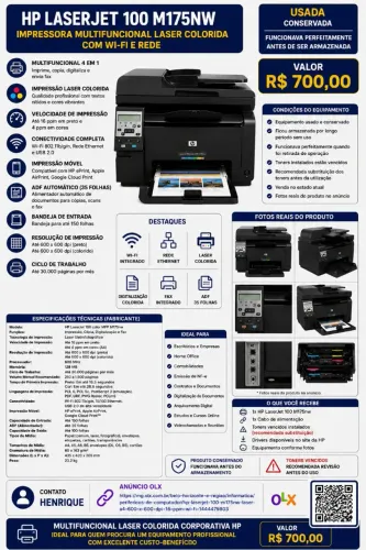 HP LASERJET 100 M175NW - MULTIFUNCIONAL LASER COLORIDA COM WI-FI E REDE
