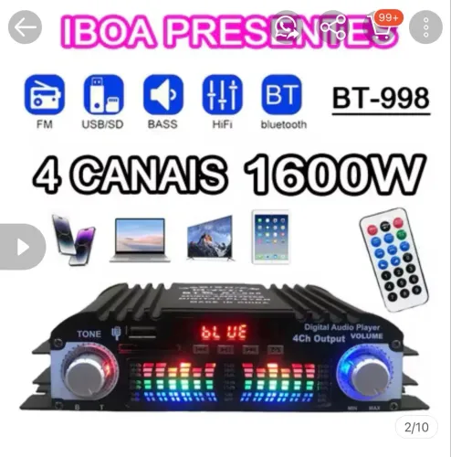 Amplificador De Som Digital Wi-Fi , 12V , 1600W , 4 Canais, Rádio FM , Bluetooth 5.0