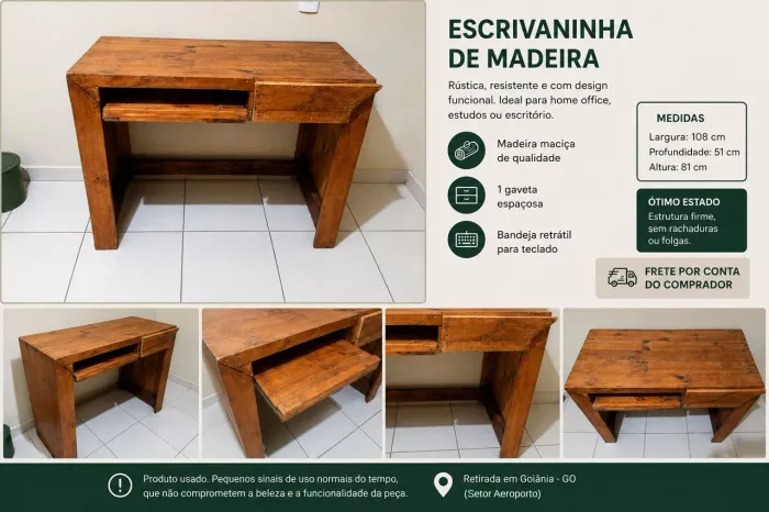 Escrivaninha de Madeira de Pallet - 1 Gaveta e Bandeja para Teclado