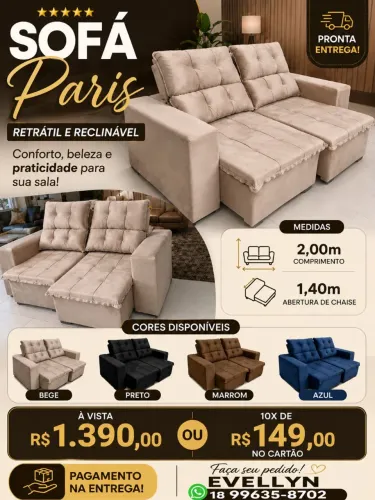 Sofá Paris retrátil e reclinável