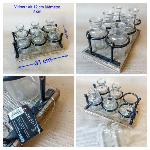 CONJUNTO DECORATIVO COM BASE EM MADEIRA RUSTICA SUPORTE DE FERRO E 6 GARRAFINHAS DE VIDRO