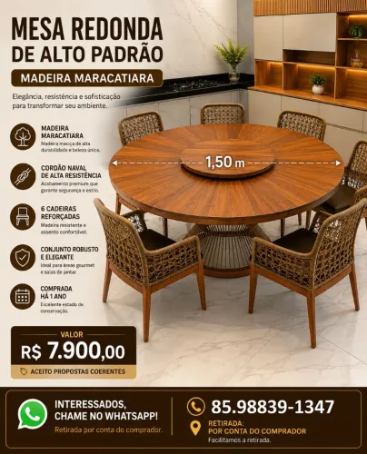 Mesa Redonda 1,50m Madeira Maracatiara + 6 Cadeiras Alto Padrão