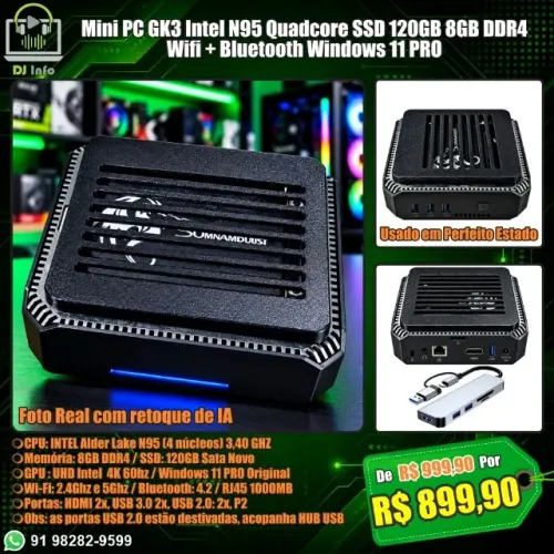Mini PC GK3 Intel N95 Quadcore SSD 120GB 8GB DDR4 Wifi + Bluetooth Windows 11 PRO