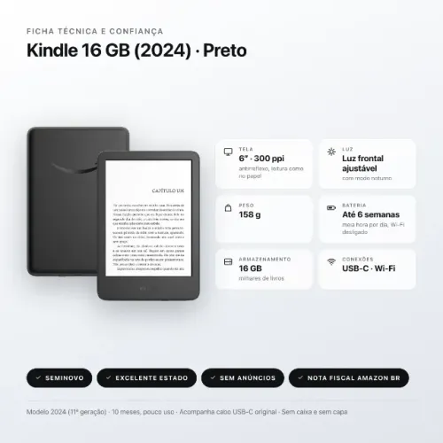 KINDLE 16GB 2025 PRETO SEM ANÚNCIOS SEMINOVO EXCELENTE ESTADO COM NOTA FISCAL