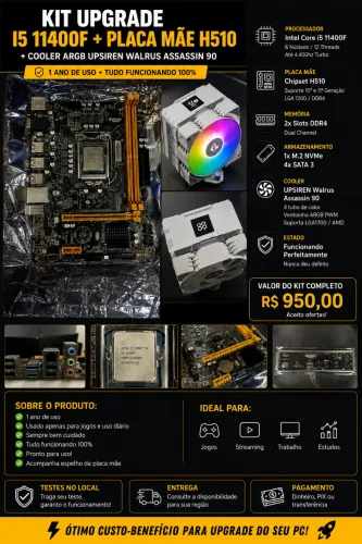 i5 11400F + H510 + Cooler ARGB ? 1 ano de uso ? Tudo 100% ? R$950