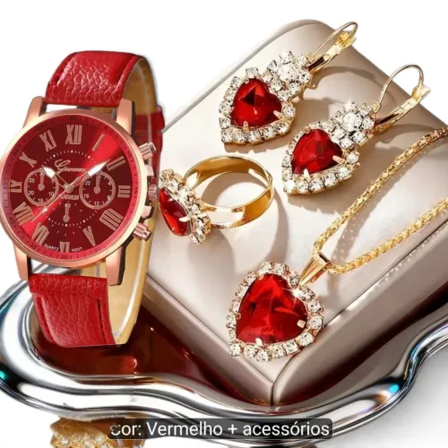 Kit Relógio Vermelho com Colar Brincos e Anel