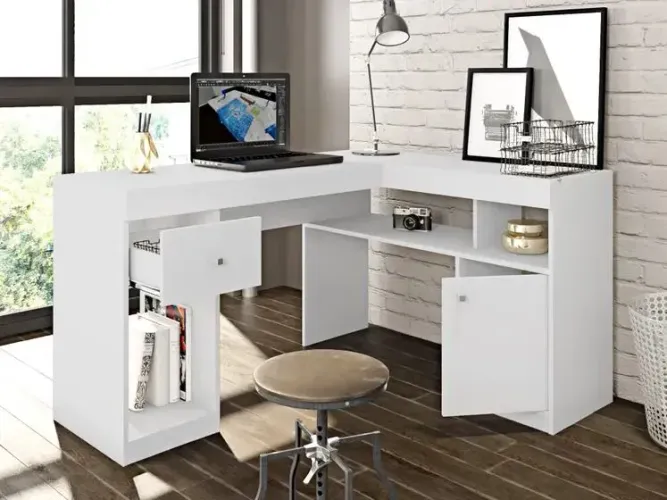 Escrivaninha em L com uma porta e uma gaveta