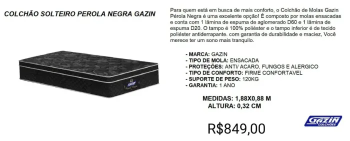 COLCHÃO SOLTEIRO MOLAS GAZIN 32CM 