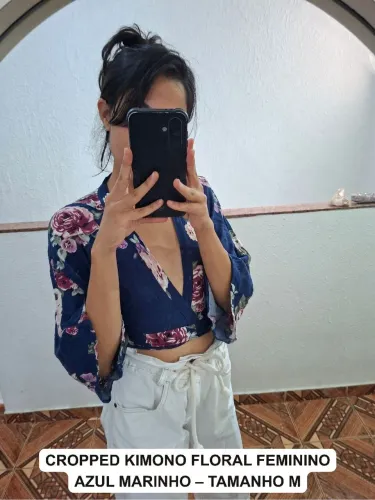 Cropped Kimono Floral Feminino Azul Marinho - Tamanho M