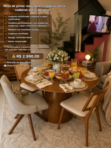 Mesa de jantar redonda em madeira com 4 cadeiras estilo designer