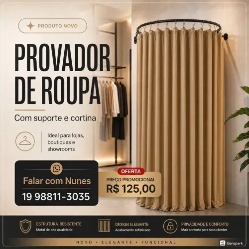 Provador de roupas com suporte e cortina