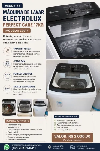 Máquina de Lavar Electrolux Perfect Care 17kg LEV17