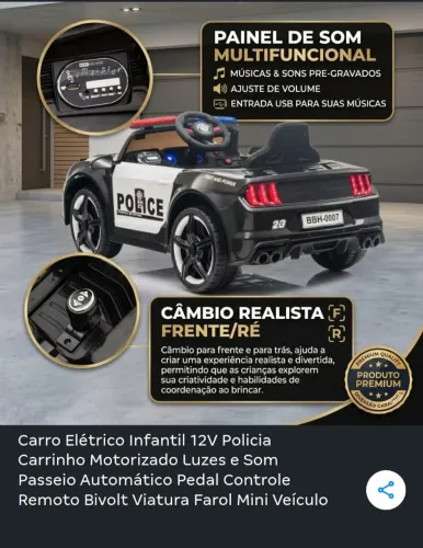 Carrinho Elétrico Infantil Polícia 12V Controle Remoto Estado de Novo