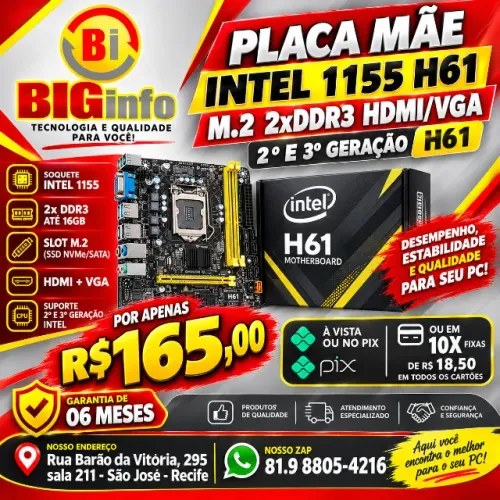 Placa-Mãe 1155 H61 DDR3 BOX com HDMI e VGA - Em ate 10x Fixas