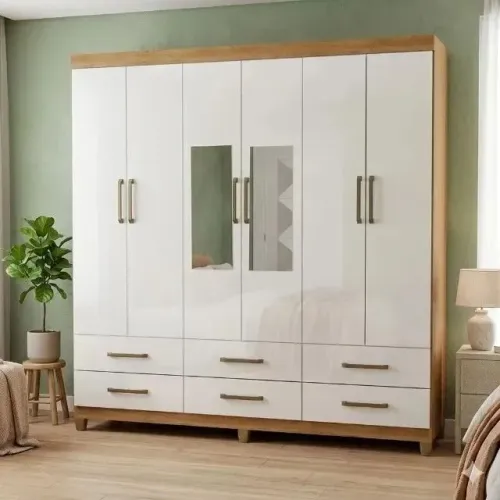 Roupeiro branco cinamomo Cádis com 6 portas gavetas (espelho incluso