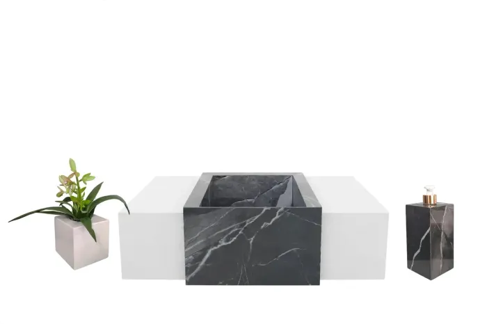 Lavatório de porcelanato+kit saboneteira e vaso de flor