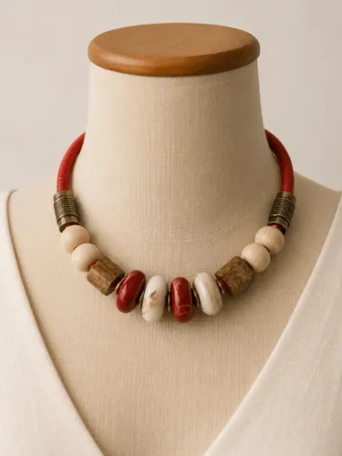 Colar Artesanal Vermelho com Contas Grandes e Detalhes Rústicos